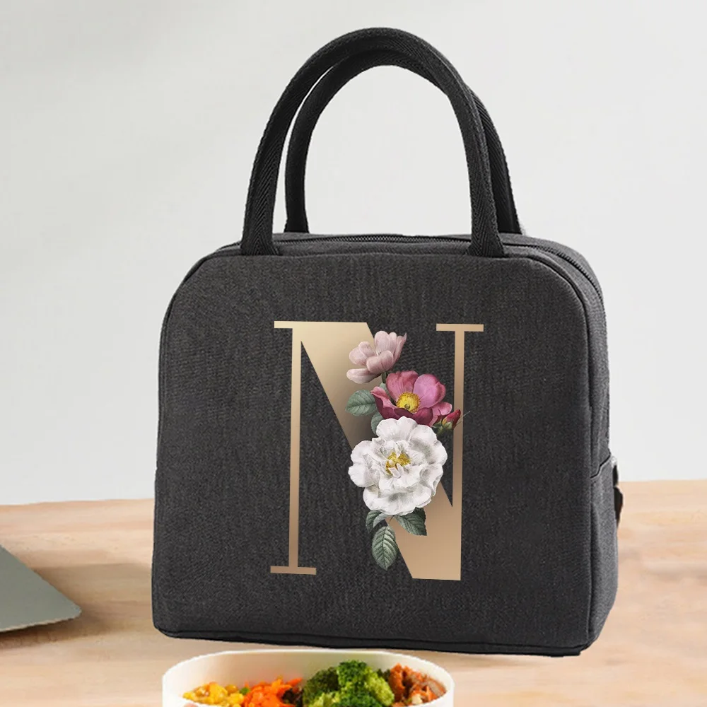 Lunch Bag Cooler Tote Portable Insulated Thermal Canvas Bag Food Picnic Unisex Travel  Lunchbox Organizer Bags Gold Letter Print