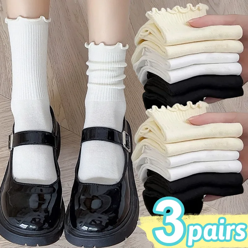 

Harajuku Ruffle Socks Women Girls Sweet Cotton Middle Tube Black White Socks Jk Lolita Soft Breathable Ankle Loose Short Sock
