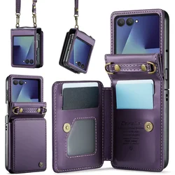 Premium Wallet Phone Case with Card Slot, Hand Lanyard, Shoulder Strap & Stand - Soft PU Leather Cover - Galaxy Z Flip 7 (PURPLE)