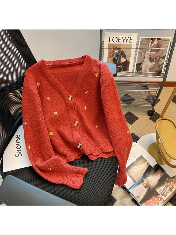 

Женский красный кардиган, винтажный трикотажный свитер в стиле Харадзюку, корейская мода в стиле 90-х, свитеры с длинным рукавом и V-образным вырезом, осенняя одежда, Y2k