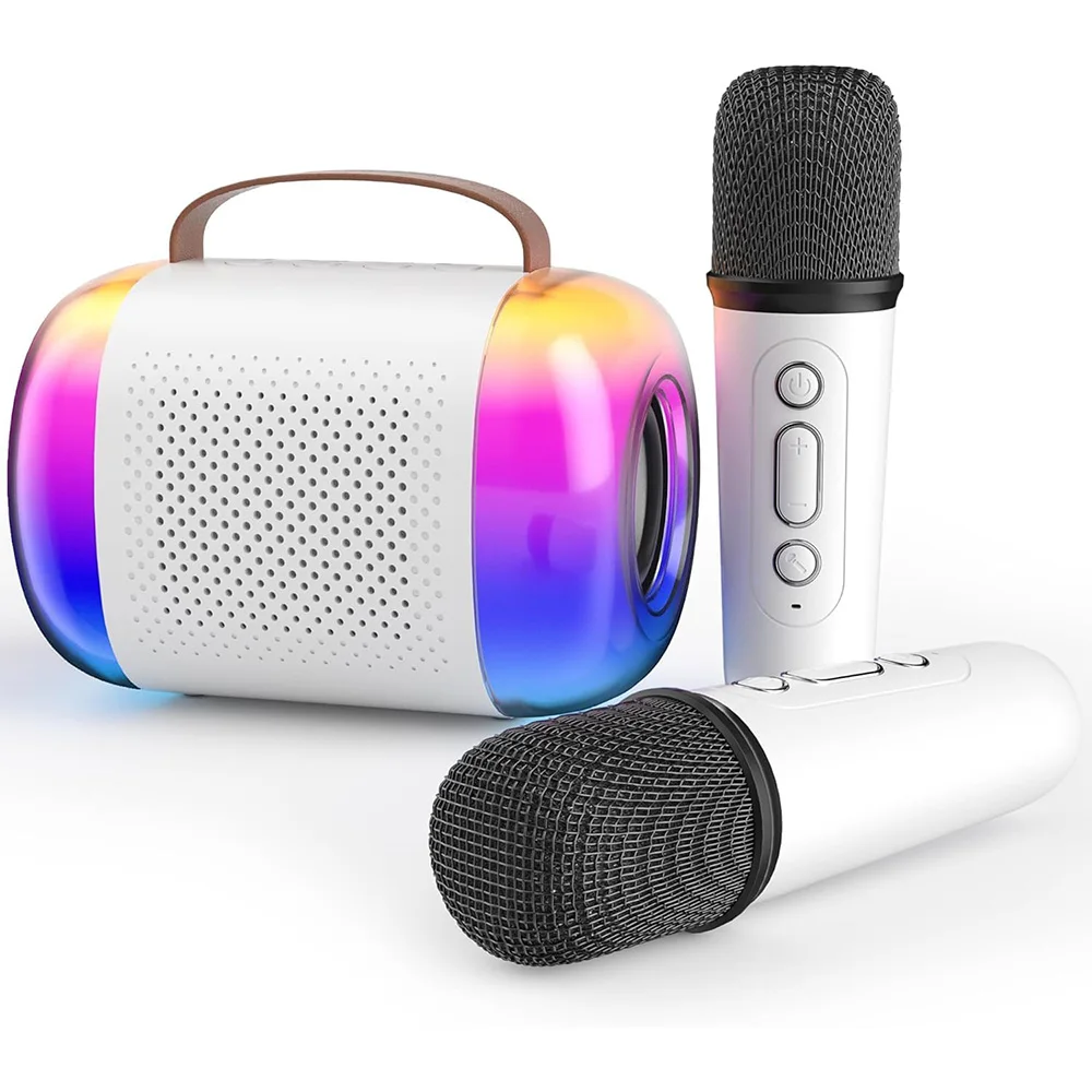 Mini máquina de Karaoke Altavoz de karaoke Portátil con 2 Micrófonos Inalámbricos, con Efectos Cambio voz y Luces LED, Dispositivo de karaoke para Cumpleaños y Fiestas