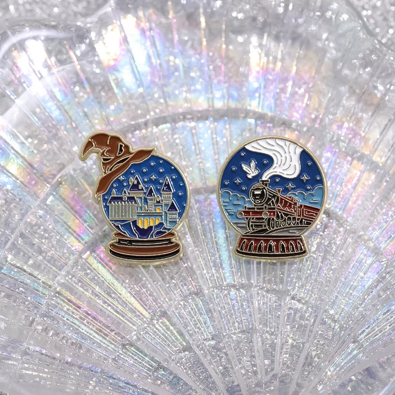 Enchanted Night Sky Castle Brooch: Magical Crystal Ball Lapel Pin Ornament
