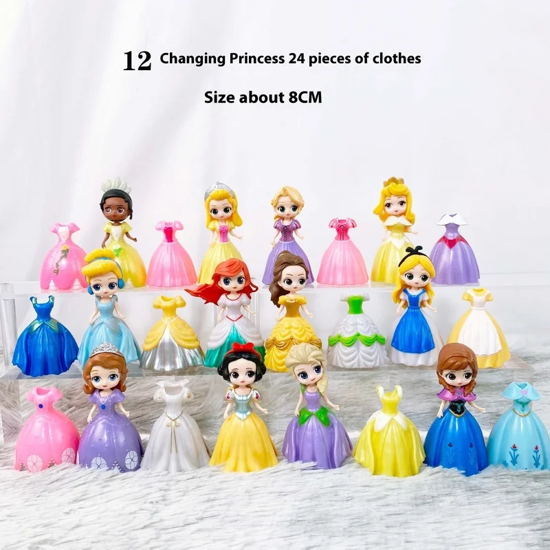 24pcs Princess Cinderella Belle Alice Snow White Ariel Rapunzel Pvc Action Figures Interchangeable Clothes Toys Dolls Gifts 1