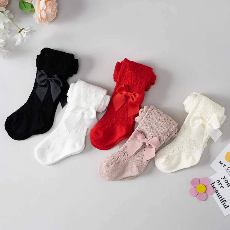 Kids Leggings Summer Baby Girls Soft Cotton Breathable Mesh Bow Tie Decor Pantyhose for 0-4 Years