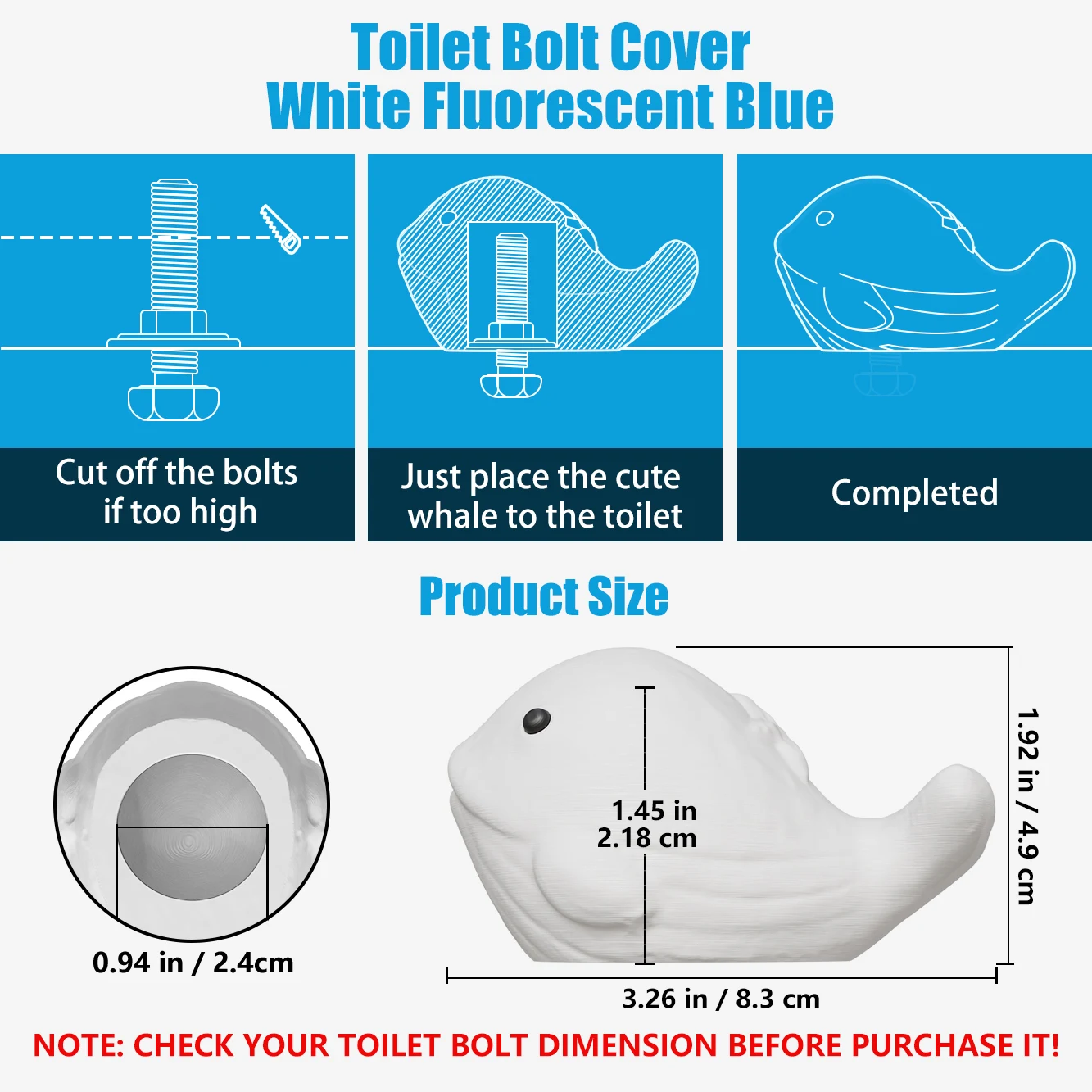 MENNTY 2-Pack Toilet Bolt Covers, Glow-in-the-Dark Whale Toilet Bolt Covers, Caps for Bottom of Toilet, Cove