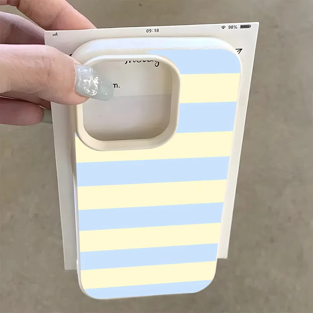 Elegant Light Blue & Cream Stripe Lychee Soft Phone Case Cover