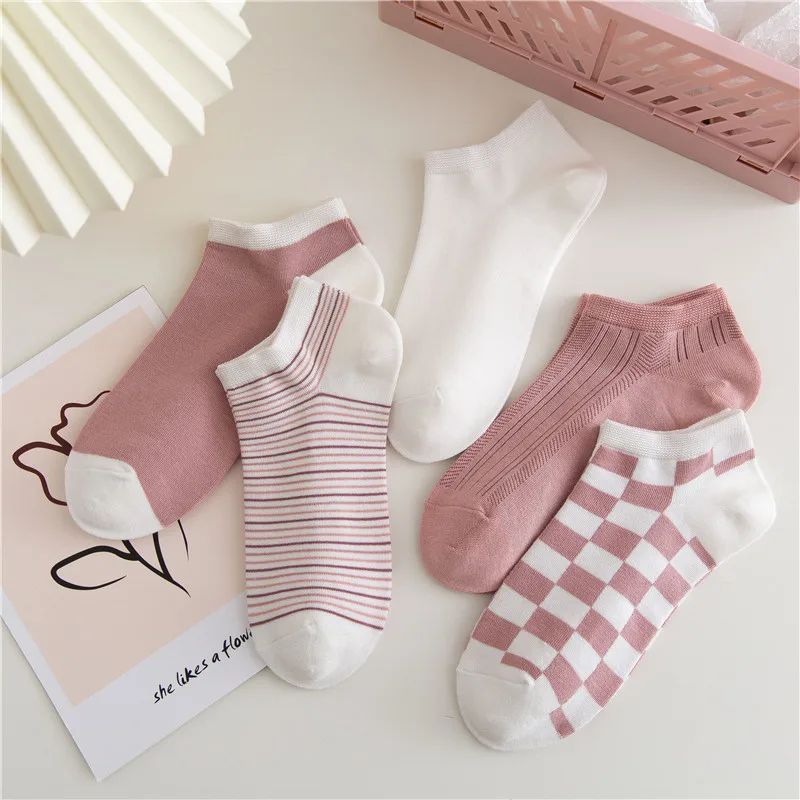 

5 Pairs/lot Cotton Fashion Elegant Lovely Pink Women Short Socks Girls Lattice White Low Cut Cute Ankle Sox Spring Autumn