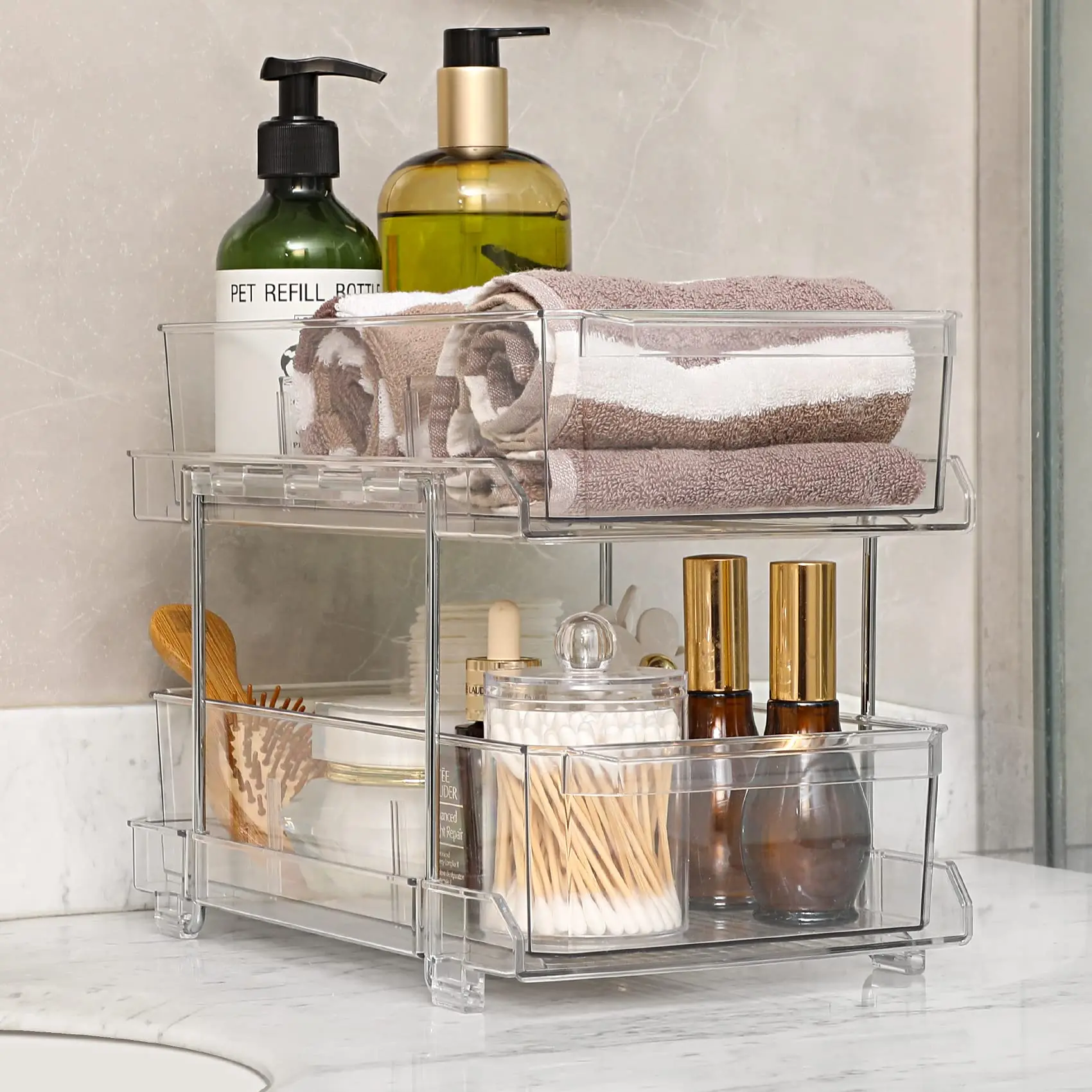 2 Pcs 3 Tier Clear Bathroom Organizer with Dividers, Multi-Purpose