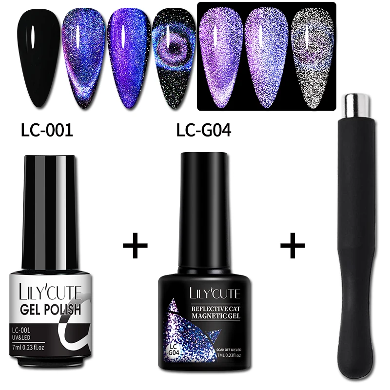 LILYCUTE 7ML 9D Reflective Cat Magnetic Gel Nail Polish Set With Magnet Stick Black Gel Fluorescent Glitter Nail Gel Polish