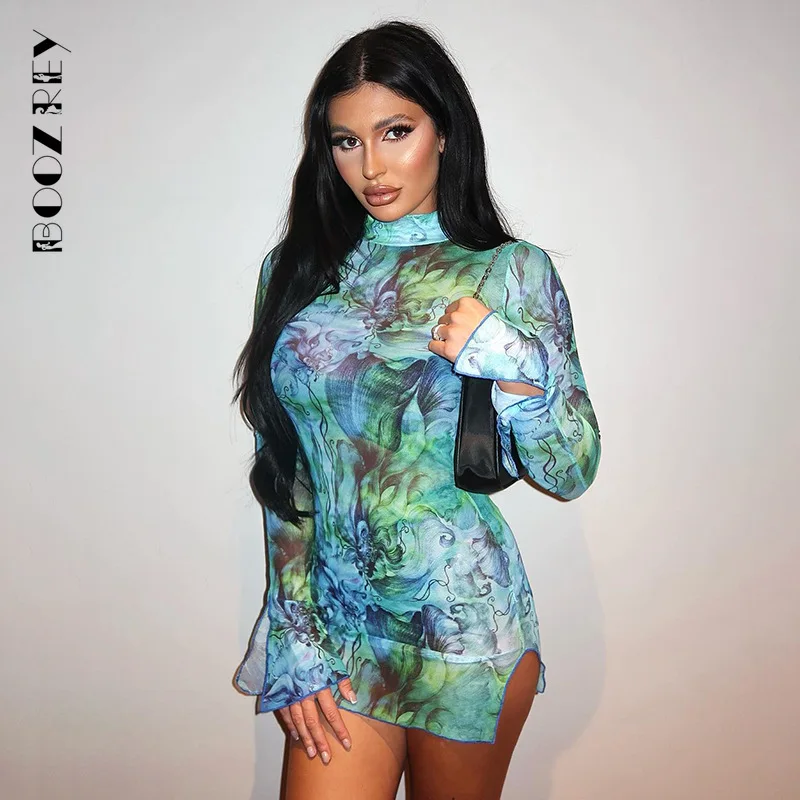 BoozRey Mesh Print Round Neck Flared Sleeves Side Open Mini Dress Women's Summer Bodycon Party Clubwear Dress Vestidos De Mujer