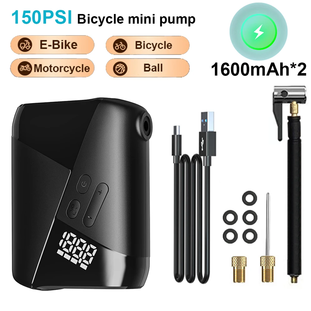 New Air Pump Bike Portable 1600mAh 150psi Bicycle Inflator Road MTB Motorcycle Car Electric Tire Pump