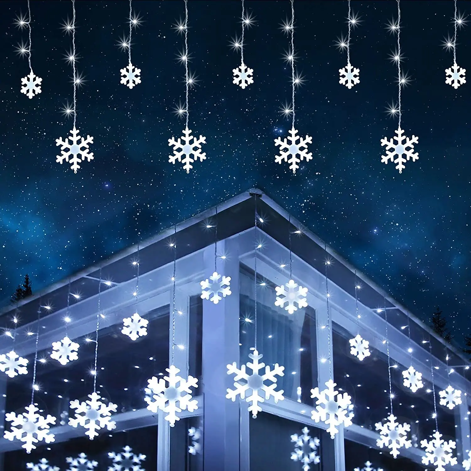 thumbnail image 1 of Cortina de luces navideñas con forma de copo de nieve, cadena de luces LED con cascada para decoración de exteriores, 5 m de caída, para fiestas en el jardín y vacaciones, 1 of 5
