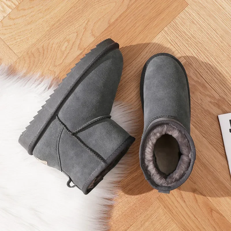 Classic 2023 genuine leather snow boots for women with plush and thickened flat bottomed plush  low heeled Korean cotton shoes