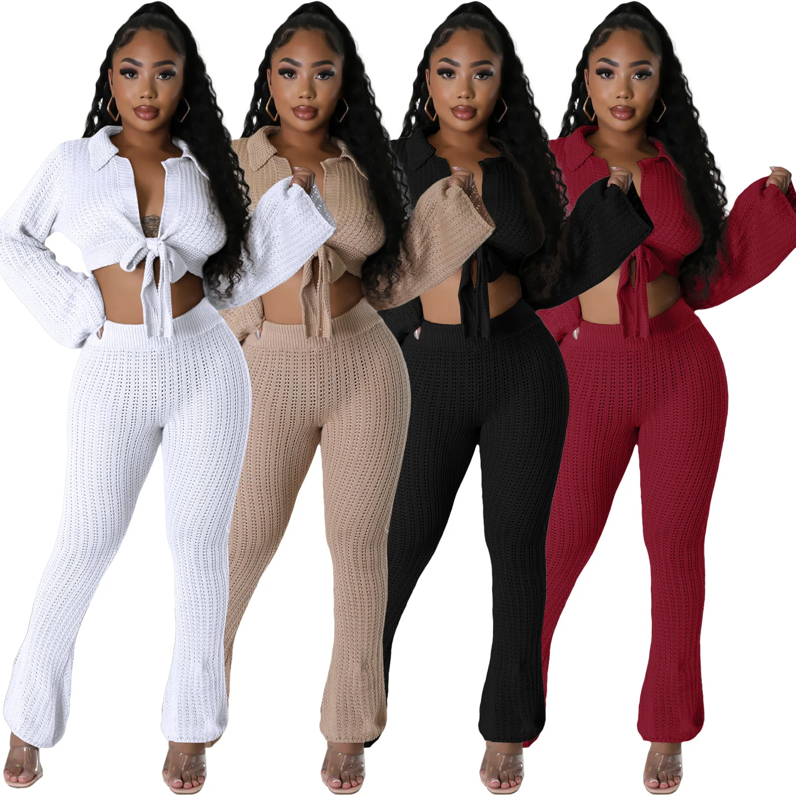 

Knitted Hollow Out Slim Two Piece Set Women Autumn Solid Full Sleeve Lace Up Crop Top Elastic High Waist Pants Casual Streetwear