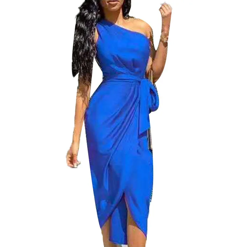 

[Send Belt] One Shoulder Lady Irregular Lace Sexy Vestidos Lotus Leaf Design Party 2021 New Plus Size Summer Ladies
