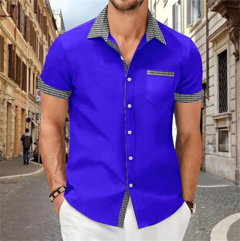 Patchwork Printed Shirt for Men, Solid Color, Comfortable and Soft Short Sleeve Top, Large Size, Summer New - Image 12