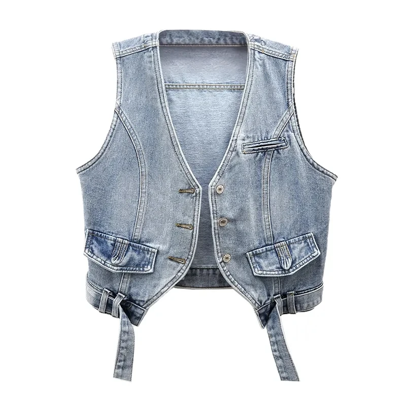 Light Wash Blue Faded Vintage Slim Fit V-Neck Sleeveless Denim Vest Top