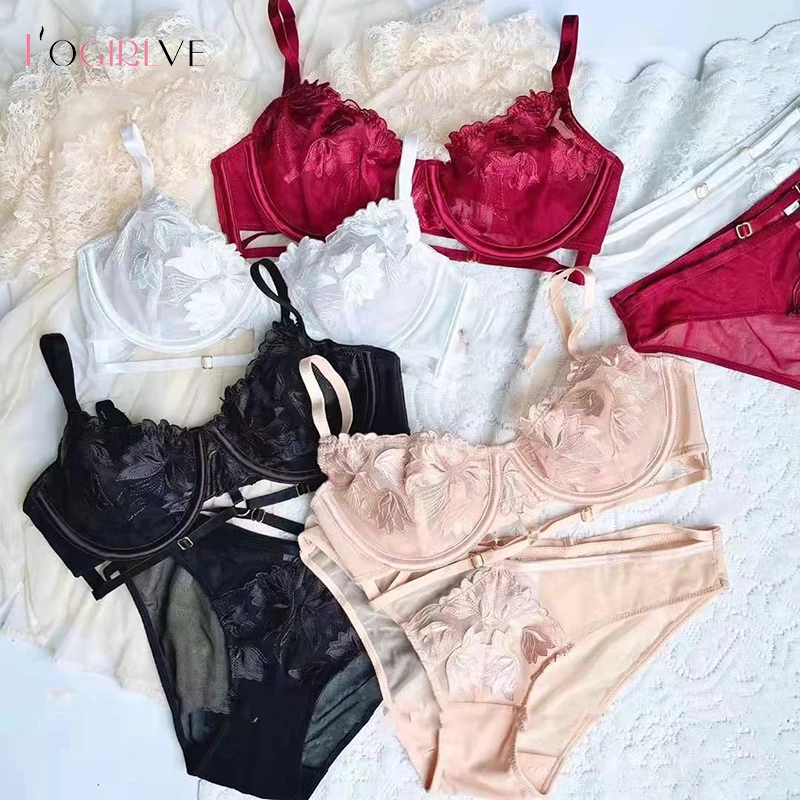 Logirlve Sexy Lingerie Lace Floral Embroidery Push Up Brassiere Ultra-thin Cup For Women underwear Hollow Out Underwear Set