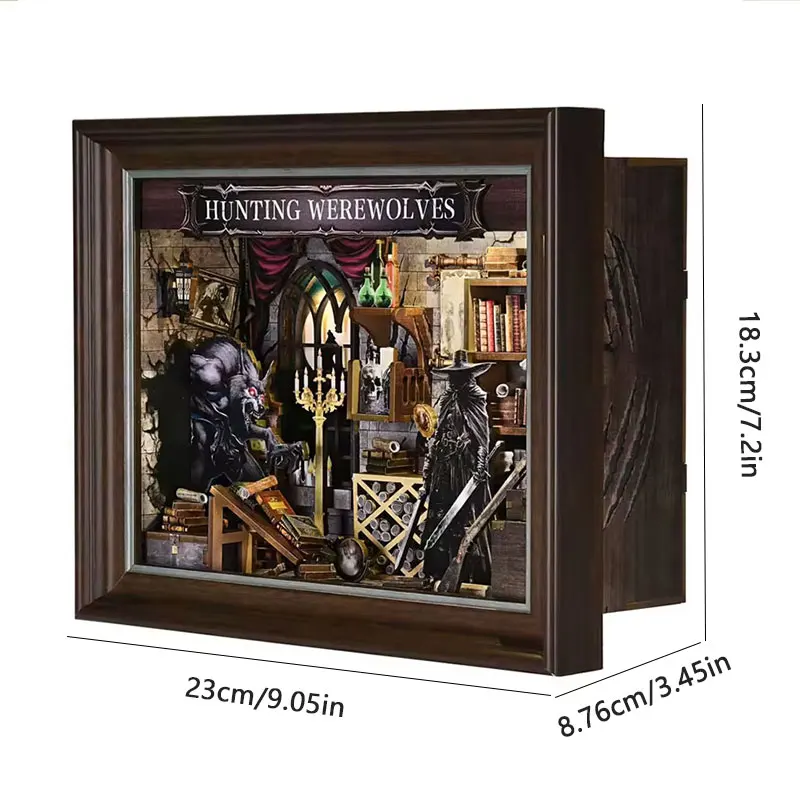 고딕 스타일 늑대인간 사냥꾼 북누키 키트 DIY 3D 나무 퍼즐 책받침 홈 도서관 장식 창의적 선물