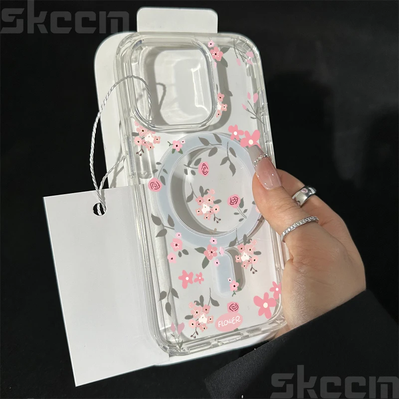 Pink Flower Transparent Shockproof Phone Case with Magnetic Wireless Charging Capability
