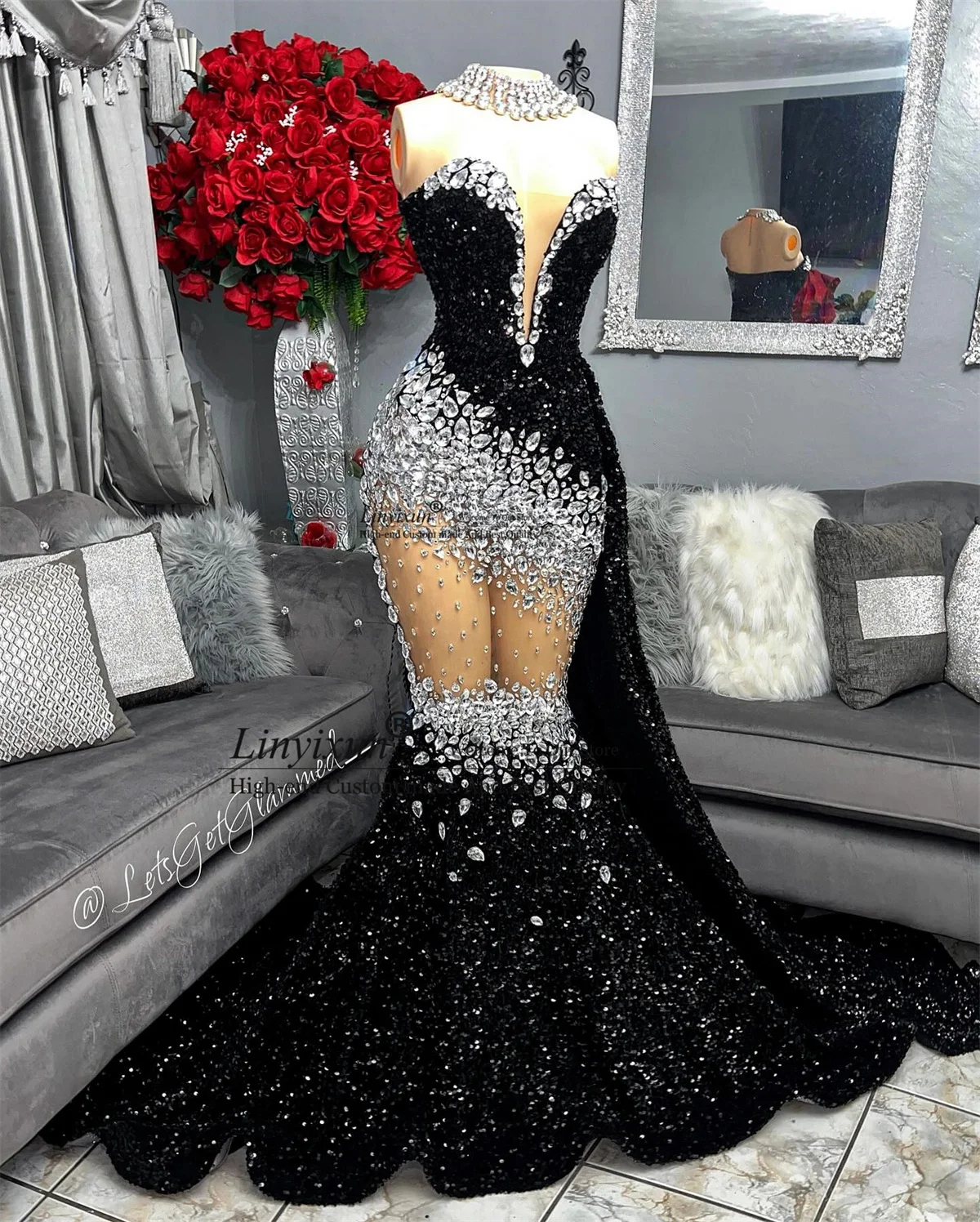 Ebullience Black Sequins Mermaid Prom Dress | Spaghetti Straps Sweetheart Neckline Floor Length Slit Dress main image 0