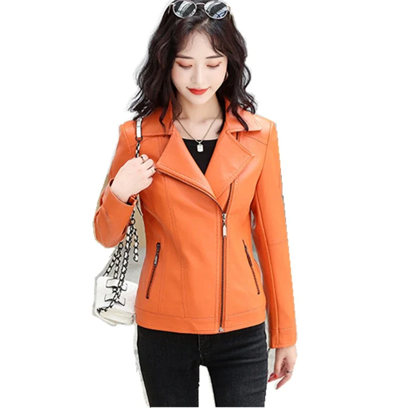 

MODX Genuine Leather Jacket Women Real Orange Leather Outerwear Natural Sheepskin Coat Women's Moto Biker Zipper Jackets 7XL