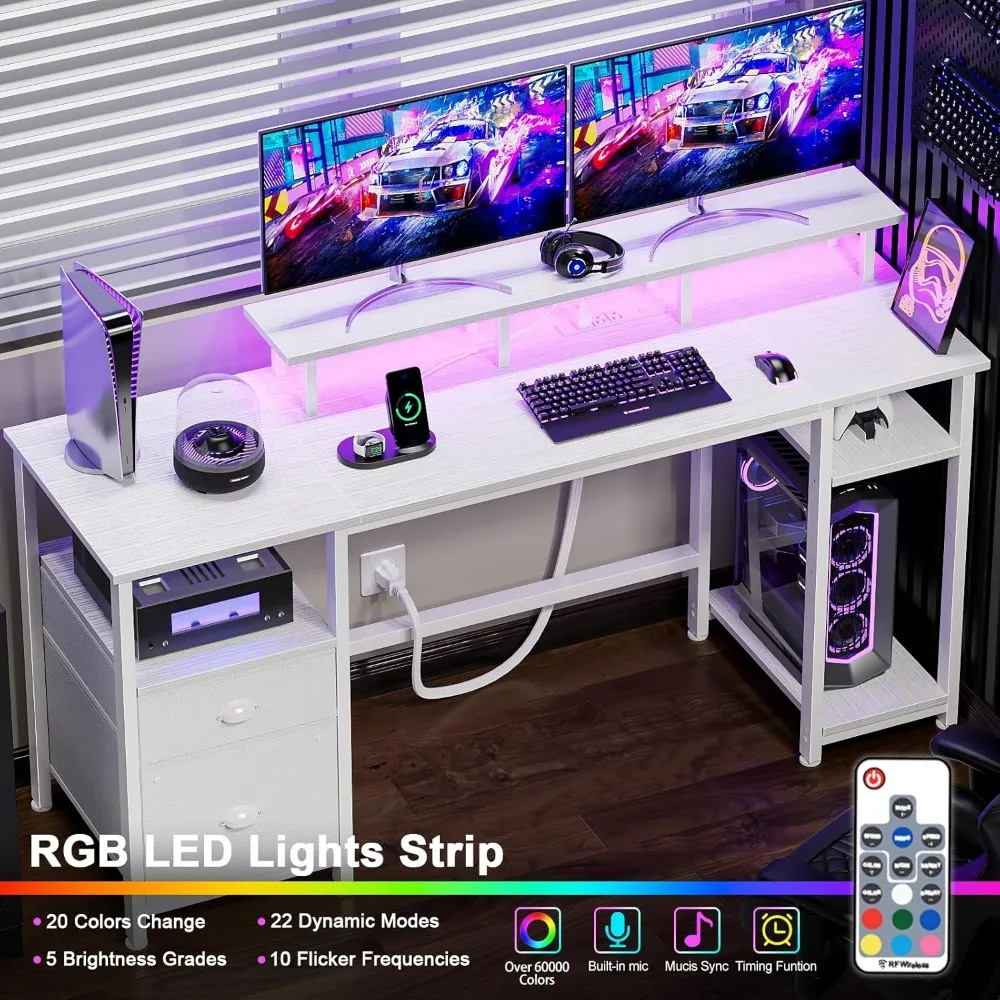 61" Desk with LED Light & Power Outlets, Reversible Computer Table with File Cabinet & Drawer, White Gaming Desk Writing Table