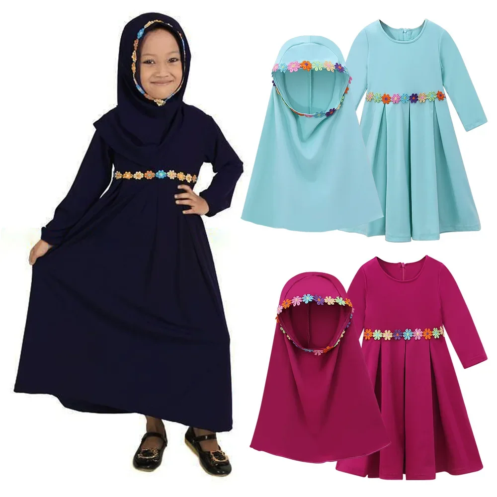 

Мусульманское детское Молитвенное платье дневная яркость 2 шт. ИД Рамадан наборы Арабские дети джилбаб головной платок длинный халат детское мусульманское платье