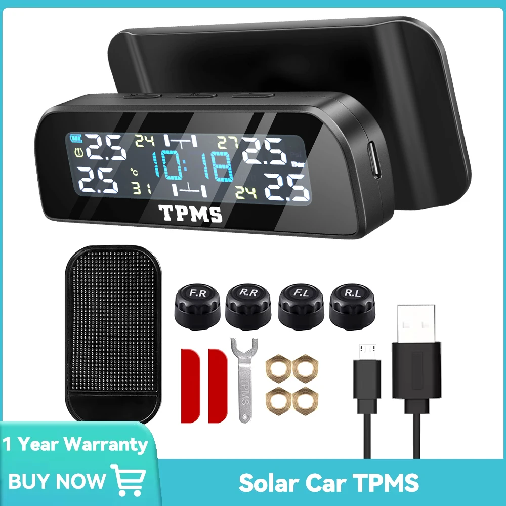Car Tire Pressure Monitor Car Tire Pressure Sensor Car TPMS Tire Pressure Sensors Solar Tire Pressure Monitoring System TMPS Temperature Alarm 4 Wheel Tyre External Sensor