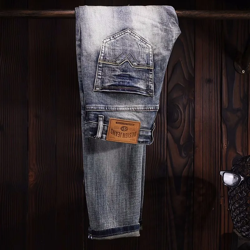 Fashion Designer Men Jeans High Quality Retro Gray Blue Elastic Slim Fit Ripped Jeans Men Embroidery Vintage Denim Pants Hombre