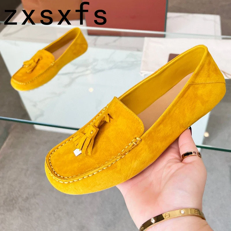 

2024 New Kidsuede Leather Mules Fringe Decor Flat Casual Shoes For Women Slip On Loafers Summer Walk Flats Ballet Ladies Shoes