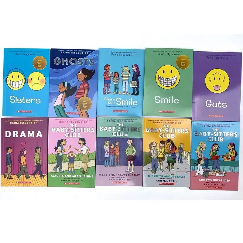 

10 Books/set Raina Telgemeier English Smiling Full Color Graphic Novel, Children's Mood Picture Book Teenager Growth Stories