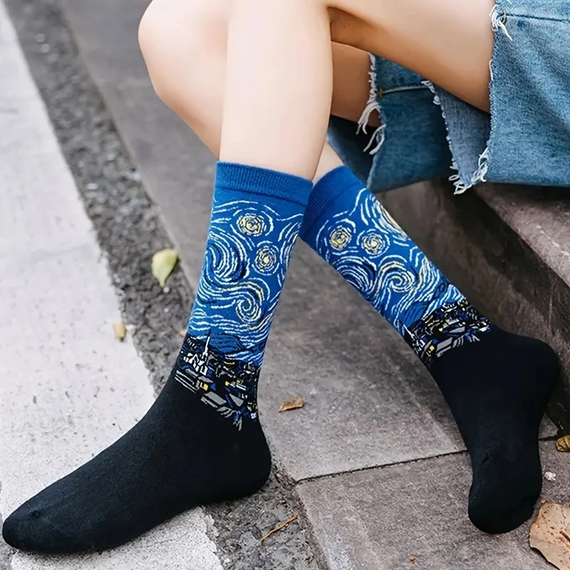Oil Painting Socks 1 Pair Women Retro Abstract Oil Painting Art Sock Shout Modern Van Gogh Starry Night Happy Oil Painting Comfort Skateboard Socks