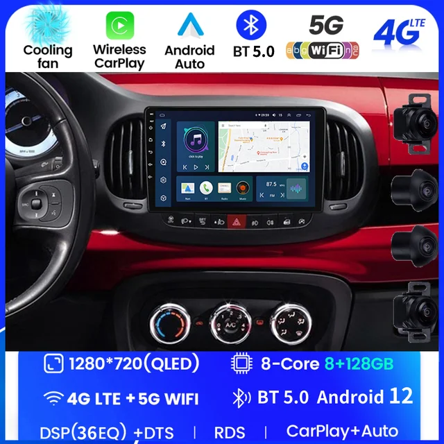 Autoradio GPS tactile Bluetooth Android & Apple Carplay Fiat 500 + caméra  de recul