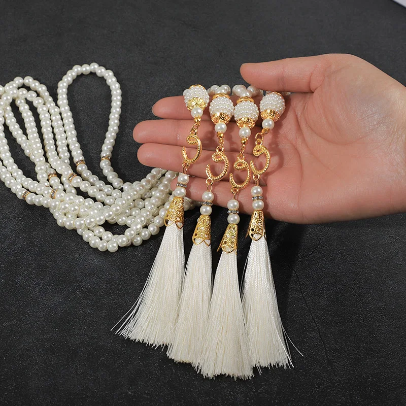 6mm 99pcs Glass Pearls Islamic Prayer Beads Bracelet with Tassel Muslim Party Home Decoration Eid Mubarak Ramadan Gifts Supplies