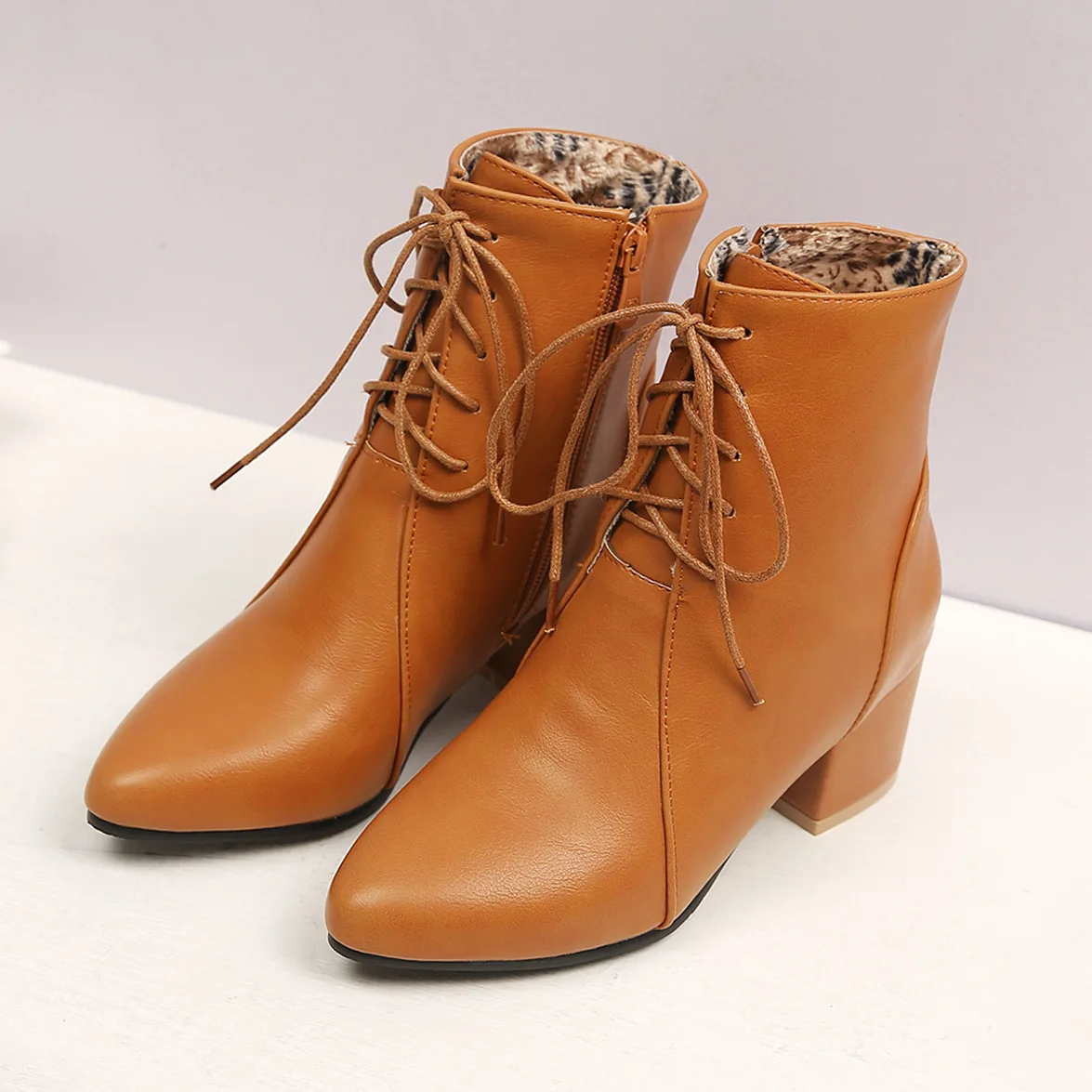 Fashion Women's Ankle Boots Autumn Winter Lace Up Pointed Toe Female Boots High Heel Shoes Woman Warm Plush Short Boots 34- 45