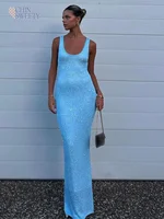 Sexy Blue Shiny Sequin Slim Fit  Women Sling Long Dress Fashion Sleeveless Backless U Neck Robe 2025 Summer New Lady  Beach Wear 1