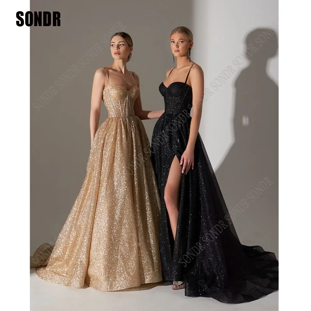 

SONDR Elegant A-line Black Glitter Prom Dress Formal Evening Gown Champagne Shiny Special Occasion Gown A Line Party Dress