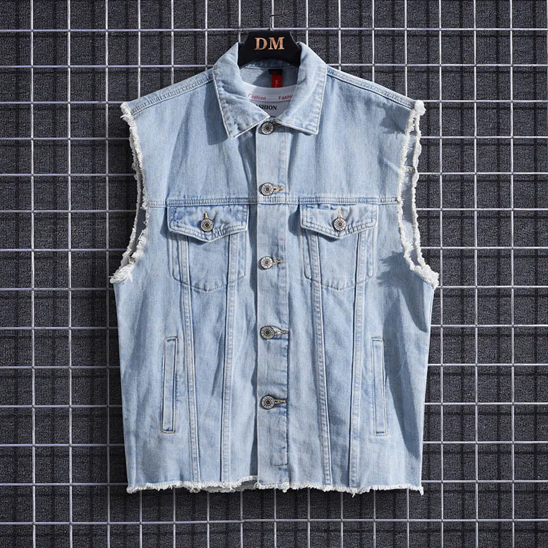 

2023 мужской повседневный джинсовый жилет, джинсовый жилет для подростков с необработанными краями