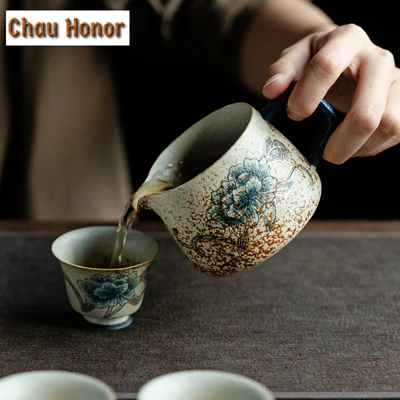 250ml Blue And White Flint Red Tea Pitcher Gold Drawing Peony Flower Cha Hai Dispenser Justice Cup Fair Mug Teaware Supplies