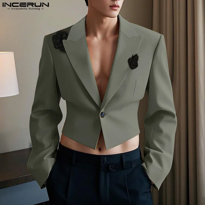 INCERUN Tops Korean Style Fashion Men Cropped Solid Patchwork Flower Suit Coats Streetwear Personality Long Sleeved Blazers