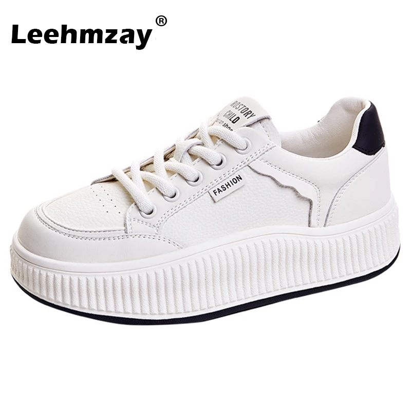 

Leehmzay Size 35-40 Women Platform Sneakers Real Leather Casual Thick Mid Heels Athletic Shoes Lace-Up 2024 Spring Tennis Shoes