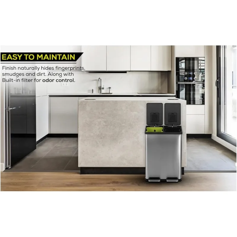 SIMPLI-MAGIC 60 Liter / 16 Gallon Rectangular Hands-Free Dual Compartment Recycling Kitchen Step Trash Can with Soft-Close Lid 5