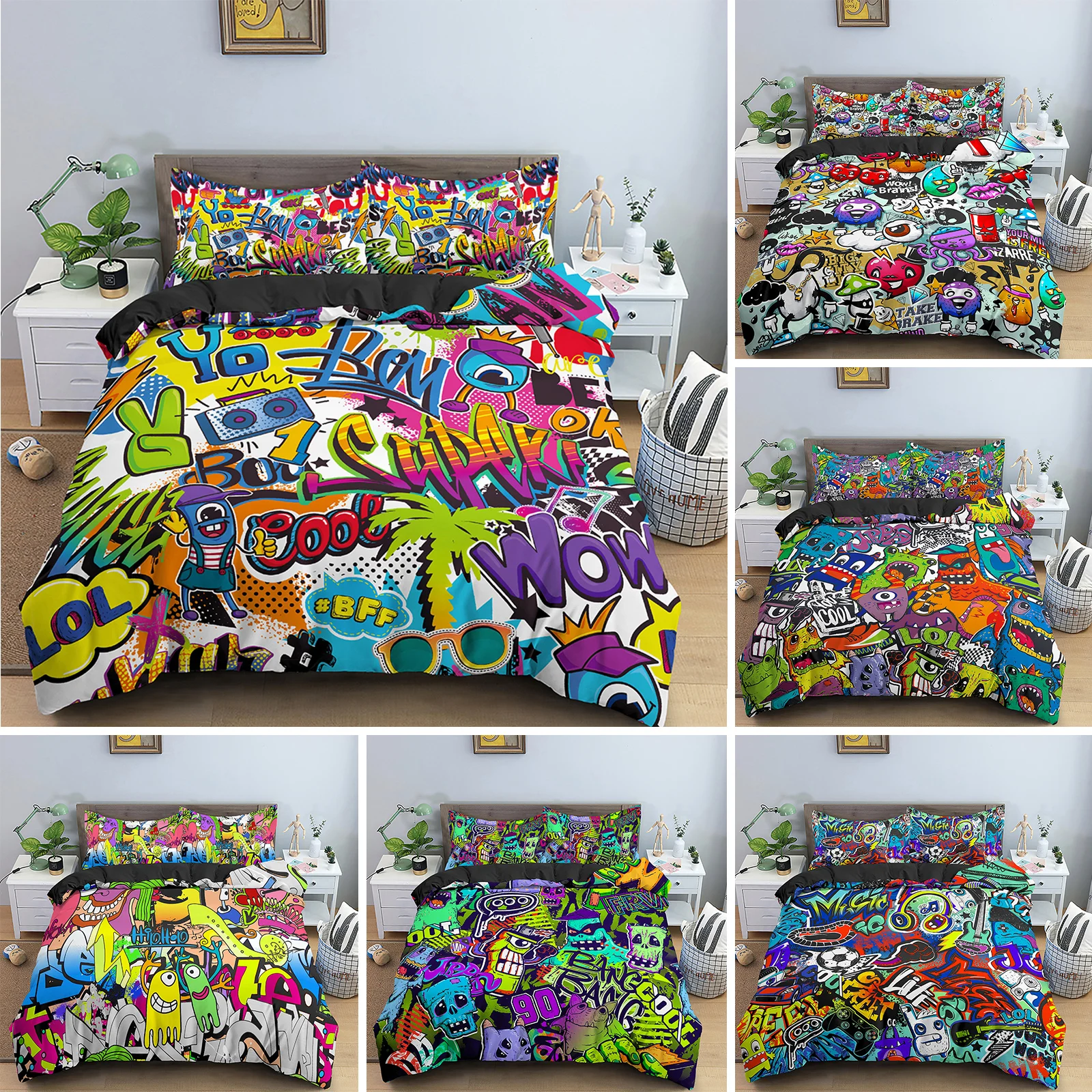 

Graffiti Bedding Set Graphic Duvet Cover Teens Adult Hip Hop Hippie Comforter Cover Wall Urban Street Art Polyester Quilt Cover