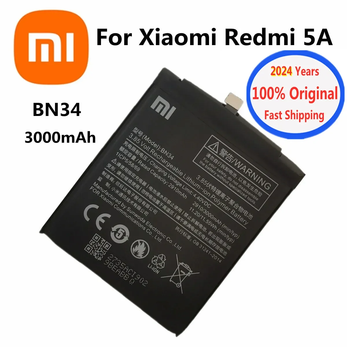 

Оригинальный аккумулятор Xiao Mi BN34 для Xiaomi Redmi 5A, 2024 мАч, фотоаккумулятор