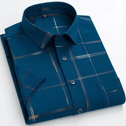New men's summer short-sleeved plaid shirt bronzing stretch anti-wrinkle everyday casual with pocket dad's square collar shirt