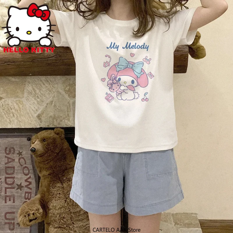 

Женская футболка Cinnamoroll Kuromi, летняя кавайная футболка Sanrio, аниме, повседневная одежда, женская футболка с коротким рукавом Y2K, топы в подарок