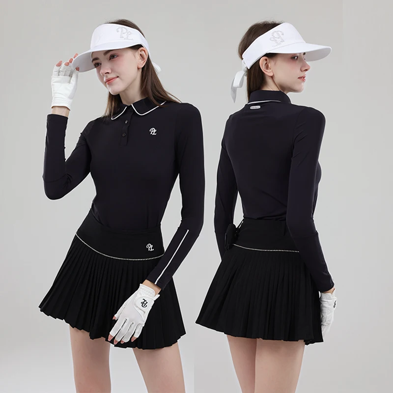 Female Golf Clothing Long Sleeve Golf T-shirt Women Polo Collar Tops High-waist Pleats Skirt Golfer Skorts with Inner Short