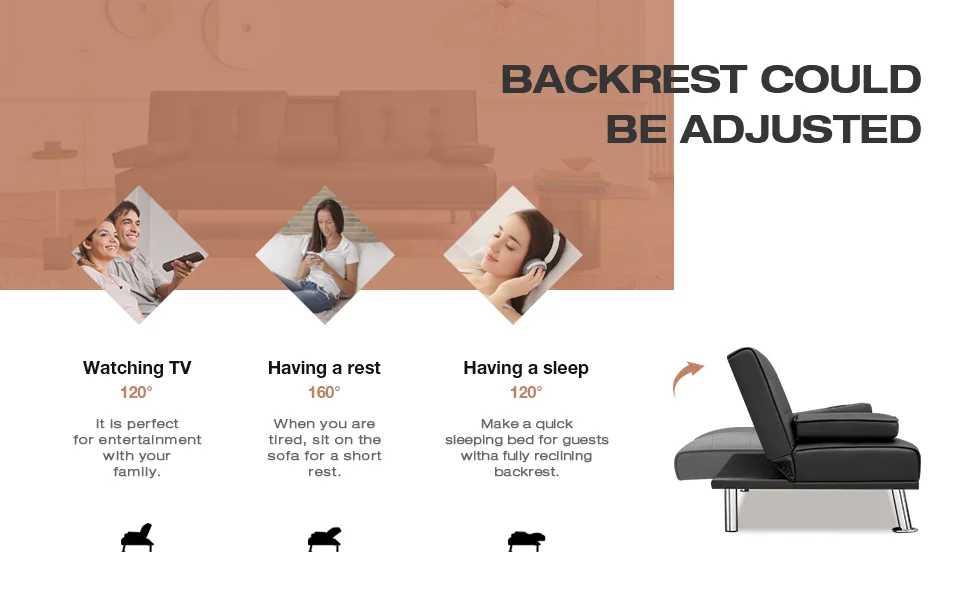 Description Picture 5 of itemFuton Sofa Bed, Modern Folding Futon Set, Convertible Lounge Chair, with 2 Cup Holders and Detachable Armrests