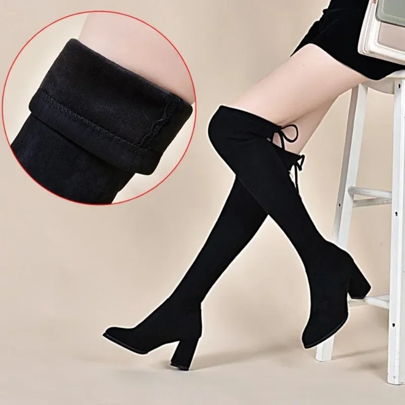 

Women's Luxury Over The Knee Sock Boots 2023 Winter Fashion Round Toed Boots Designer Suede High Heels Shoes Zapatos De Mujer